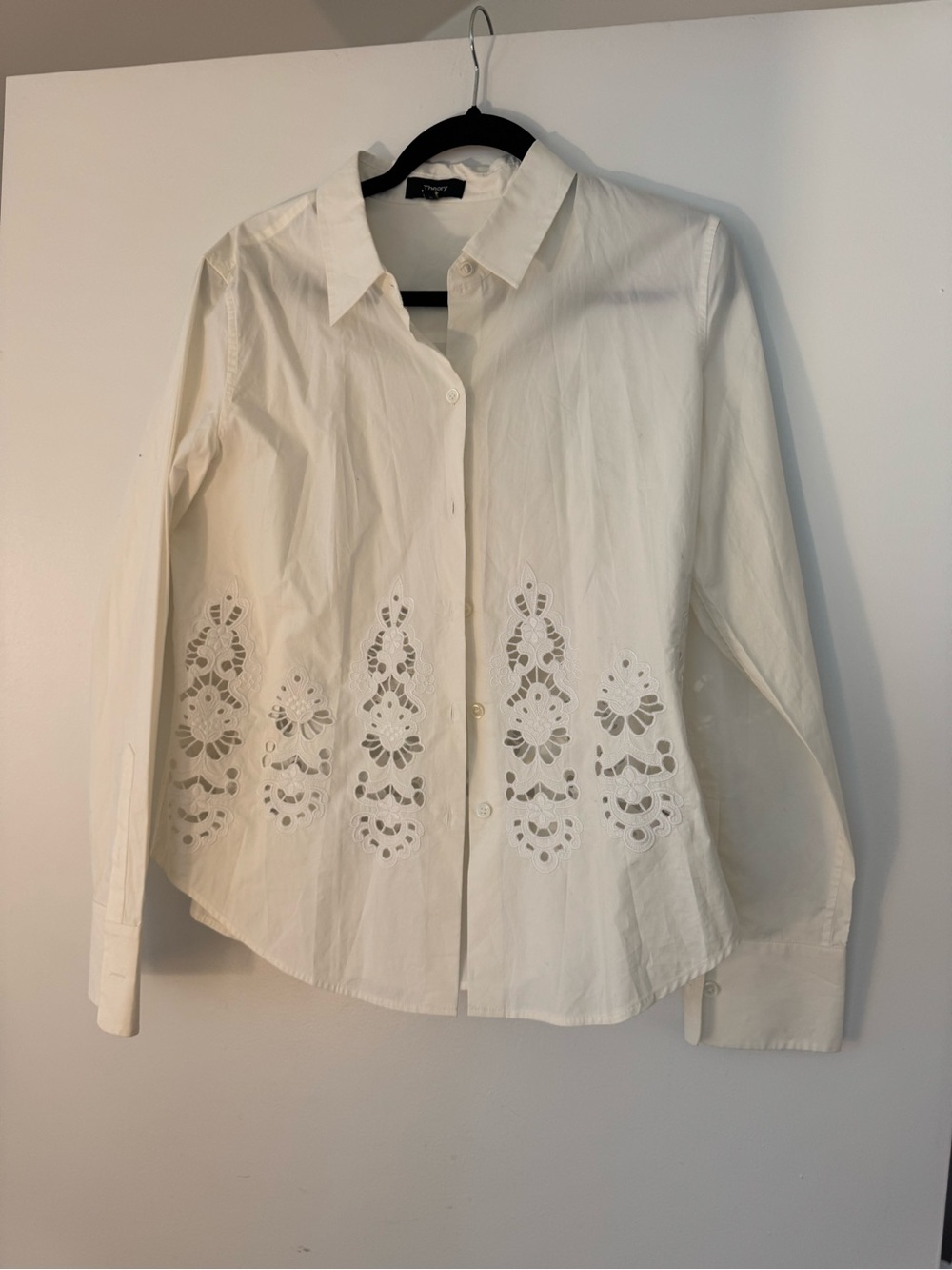 Theory White Eyelet Cotton Button-Down Shirt